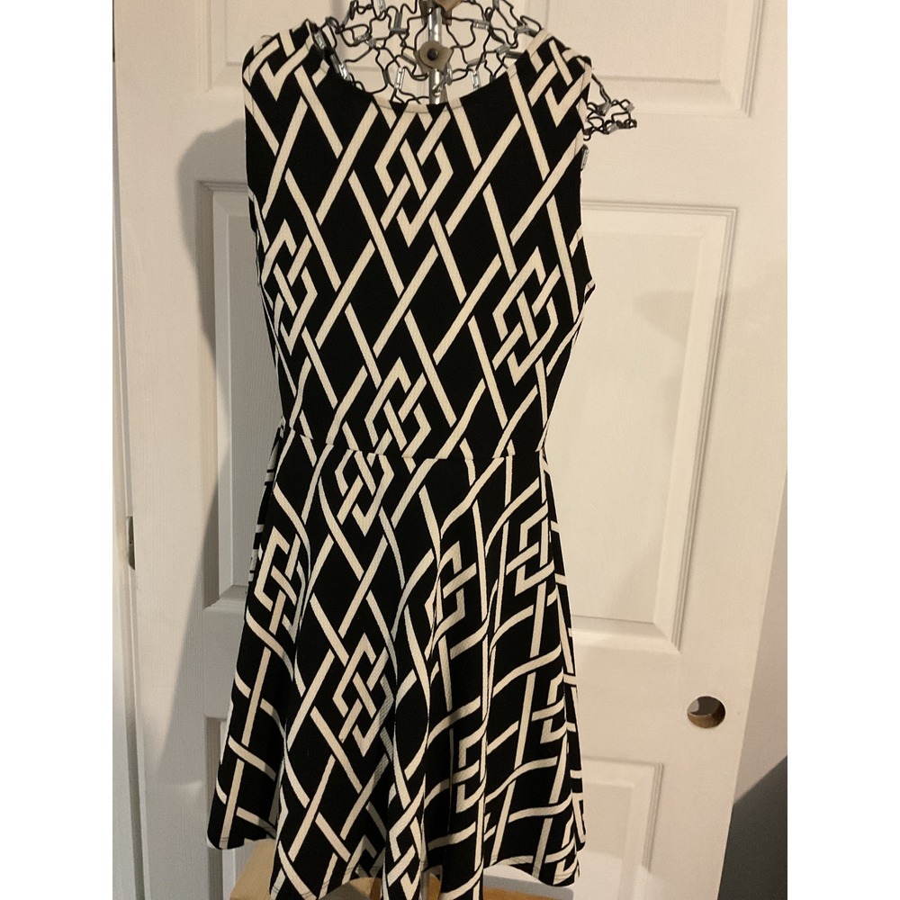 Alya Women Black White Geometric‎ Lattice Fit and Flare Dress Large Made in USA